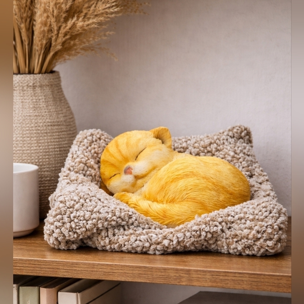 Sleeping Orange Tabby Cat Figurine on Pillow Cozy Home Decor Accent